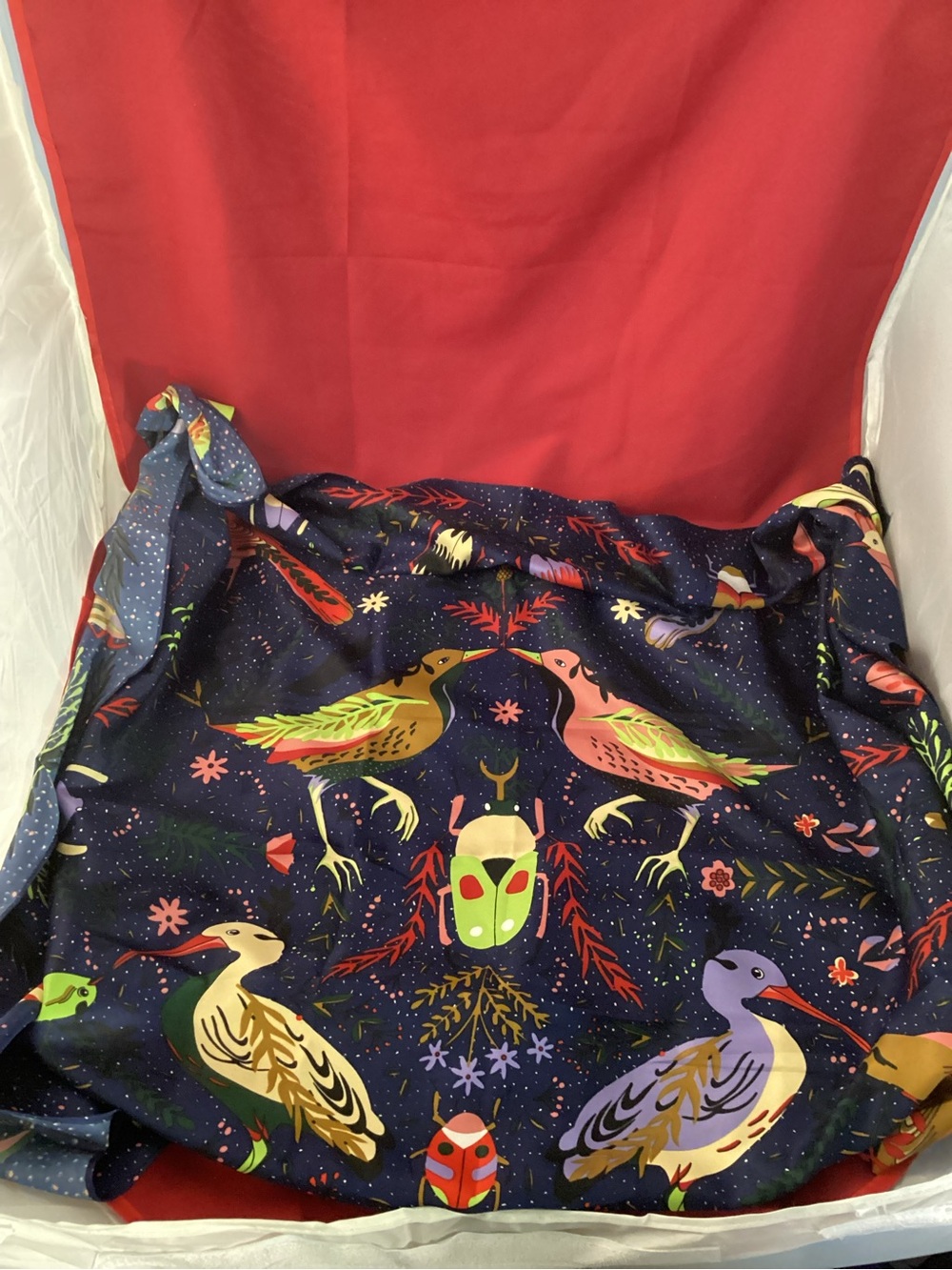 Navy Scarf with Multicolor Bird & Beetle Print